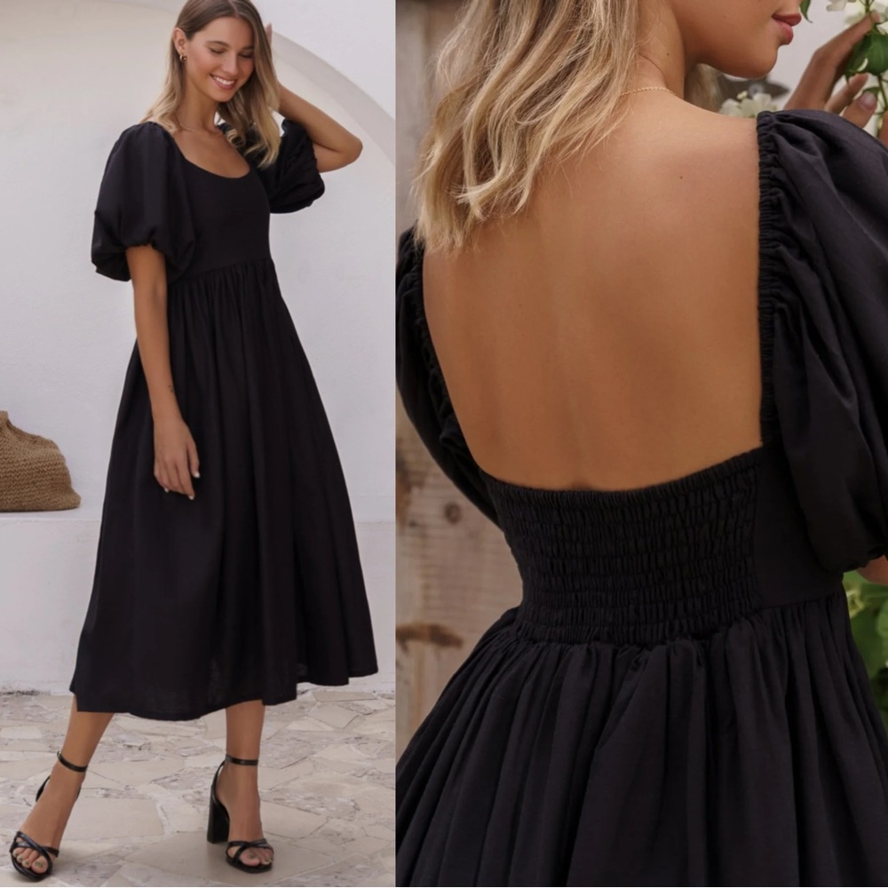 ELF Handmade in Bali Cherie Puff Sleeve Linen Black Smocked Midi Dress S